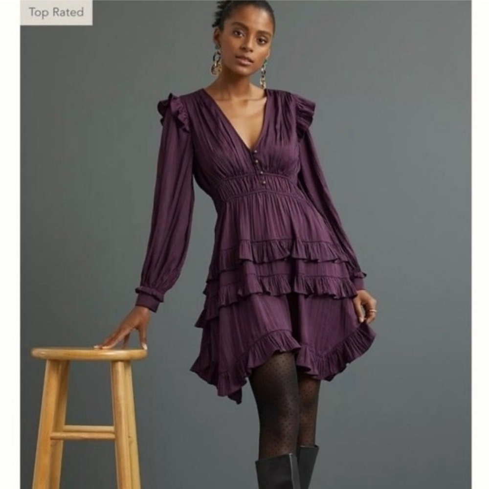 By Anthropologie Tiered Purple Ruffle Mini Dress Long Sleeve Size S Small 4 6